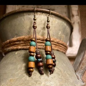Boho Turquoise/Wood/Copper Beaded Earrings